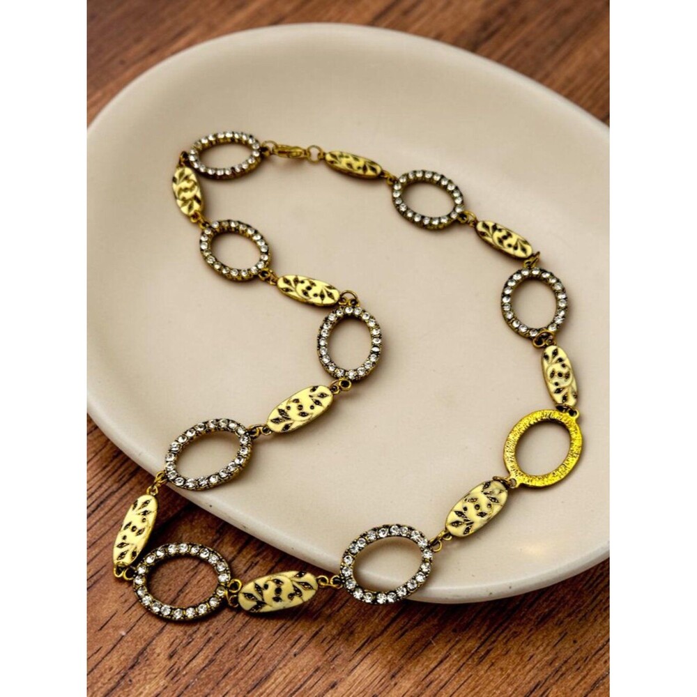 Vintage 90s Gold Tone Link Necklace Enamel & Rhinestone 24”